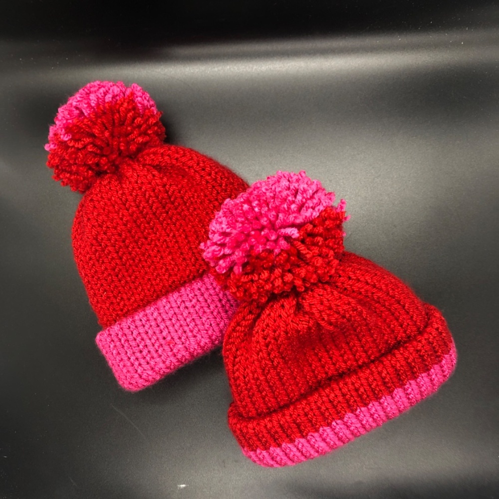 Baby Infant Red & Pink Pom Pom Double Knit Beanie Hat 0-3 Mos, 3-6 Months